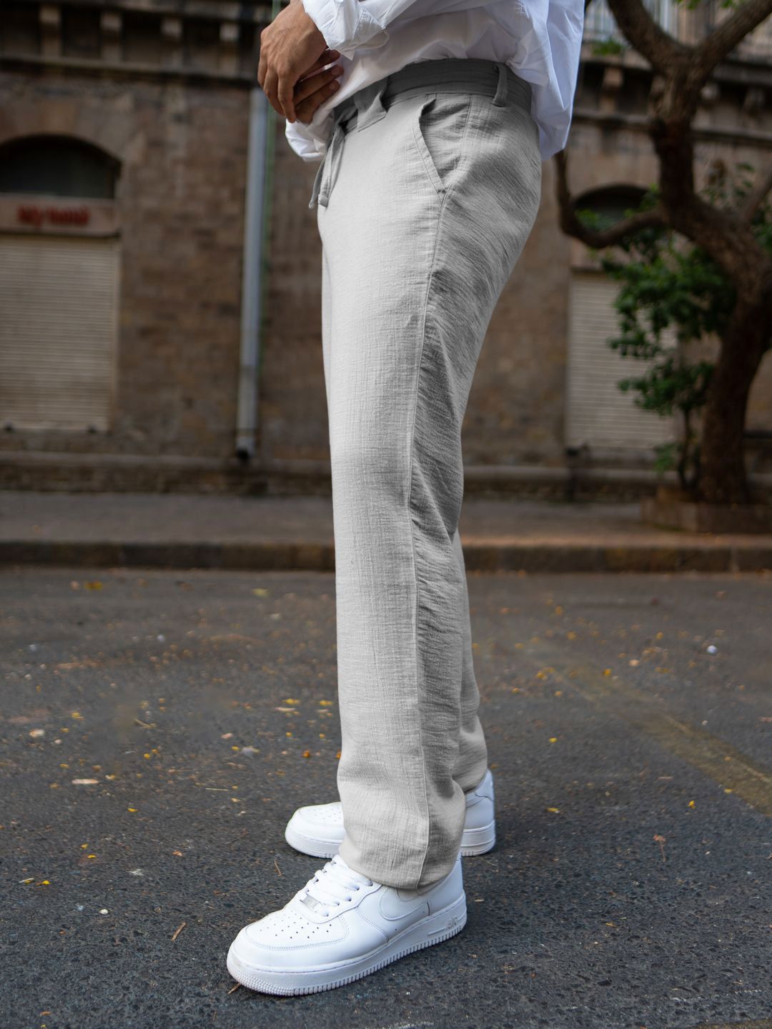 Powerlook Men Grey Regular Fit Crinkled Cotton Trousers