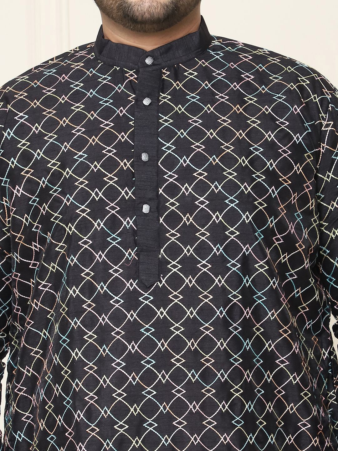 SOJANYA PLUS Geometrik Sulam Benang Kerja Sutera Kurta Lurus Kapas dengan Piyama