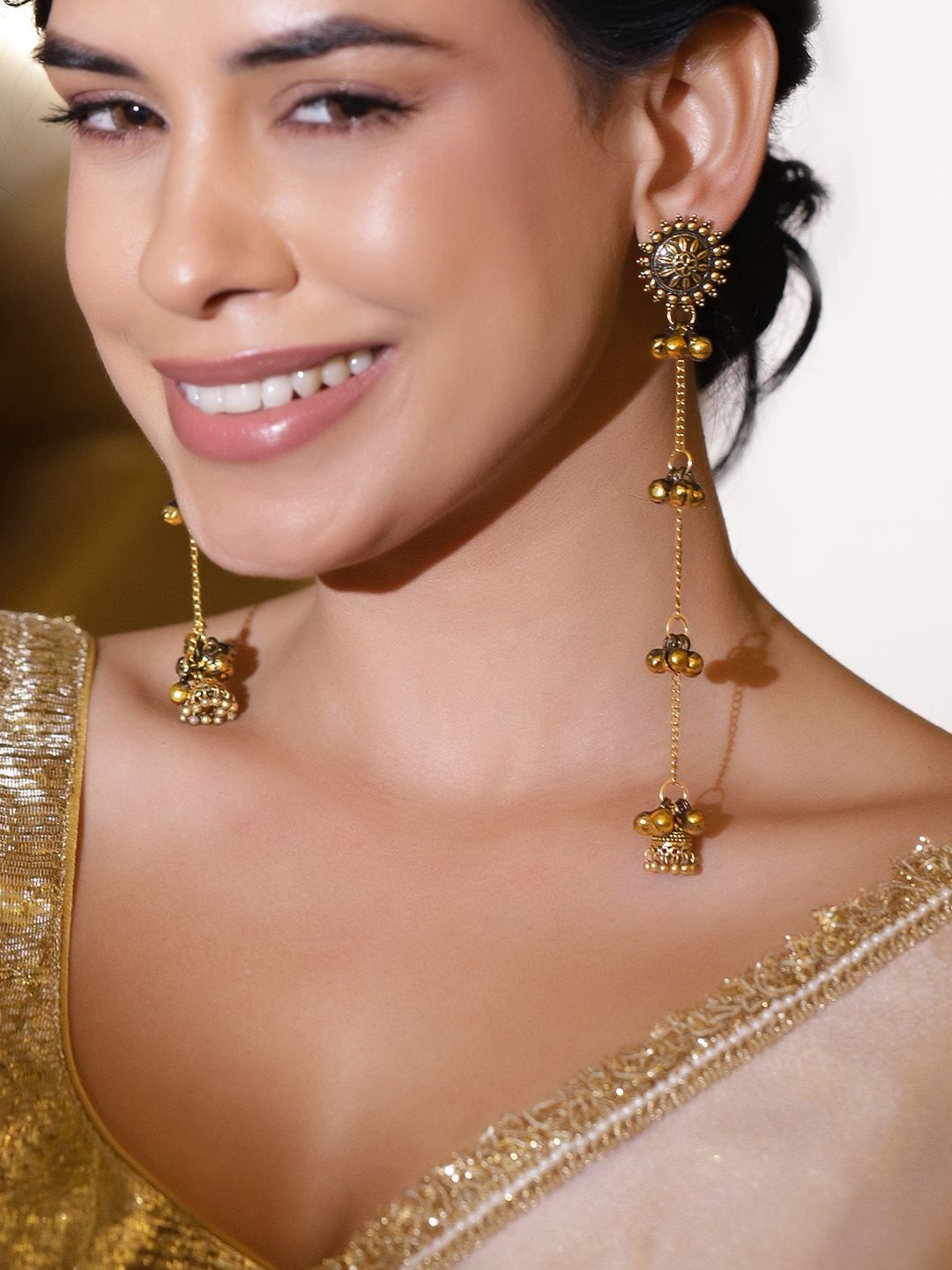Rubans Oxidised 18K Gold Plated Flower Motif & Golden Ghungroo Beaded Long Drop Earrings