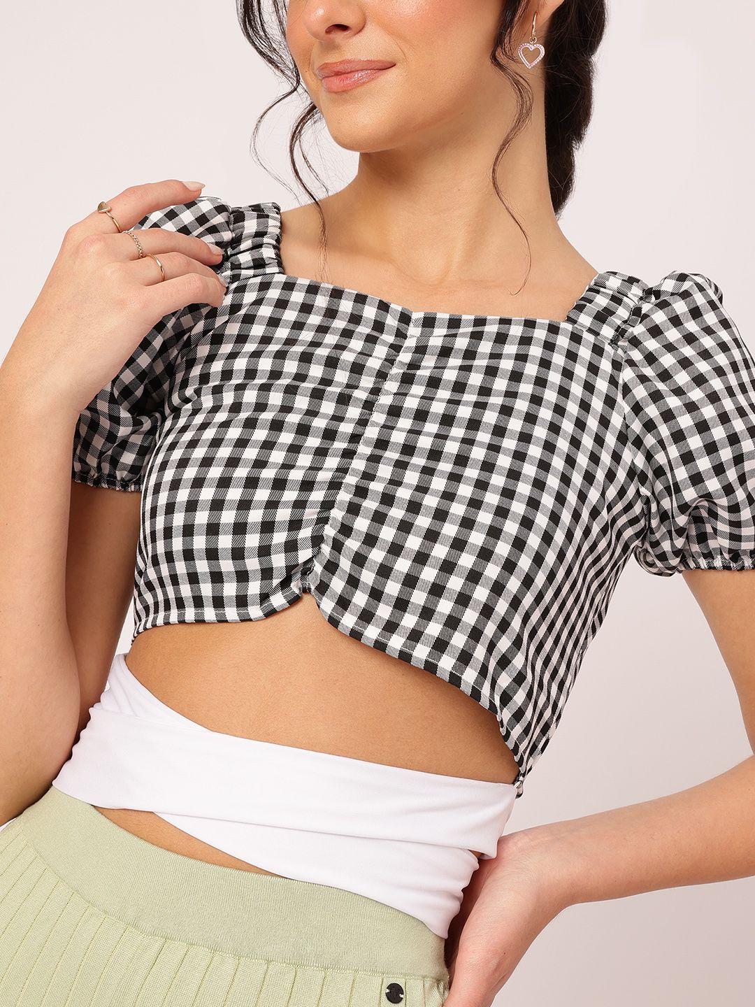 DressBerry Midnight Gingham Flossed Dip Ruched Glam Crop Top
