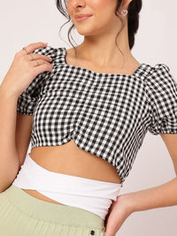 DressBerry Midnight Gingham Flossed Dip Ruched Glam Crop Top
