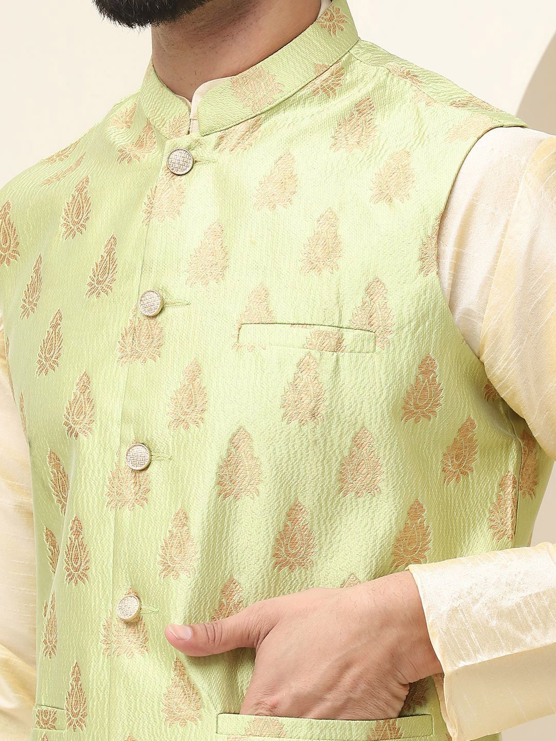 SOJANYA Mandarin Collar Zari Silk Cotton Straight Kurta with Pyjamas & Nehru jacket