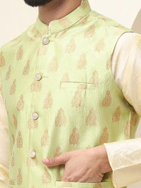 SOJANYA Mandarin Collar Zari Silk Cotton Straight Kurta with Pyjamas & Nehru jacket