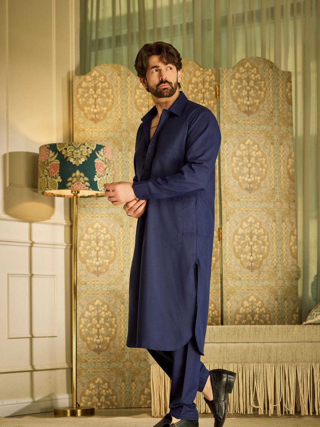 SOJANYA Shirt Collar Curved Hem Pathani Kurta with Salwar
