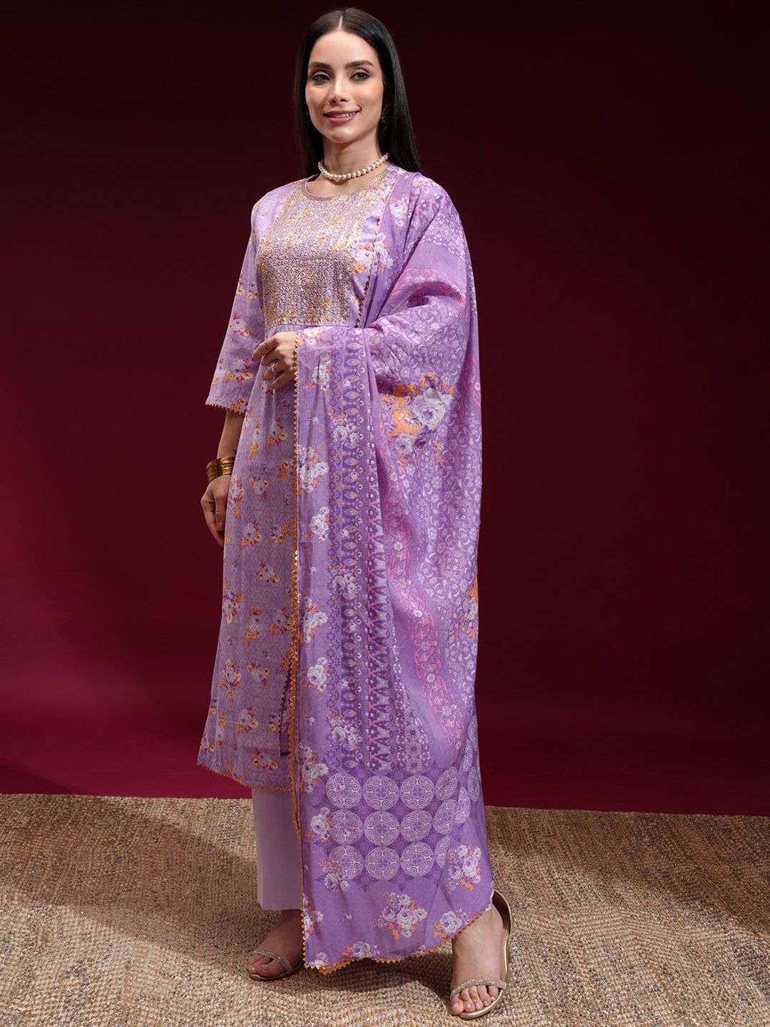 Vishudh Women Embroidered Yoke Printed Kurta with Solid Pant and Printed Dupatta