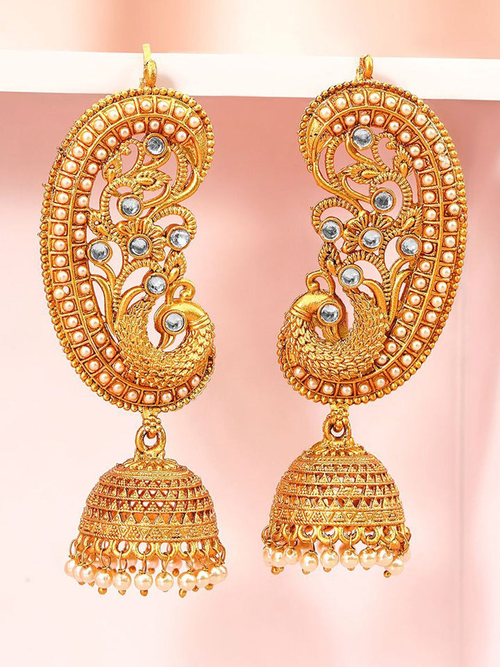 Rubans 22K Motif Peacock Gold-plated Earring Earring Jhumka dengan Batu Putih & Mutiara Drop
