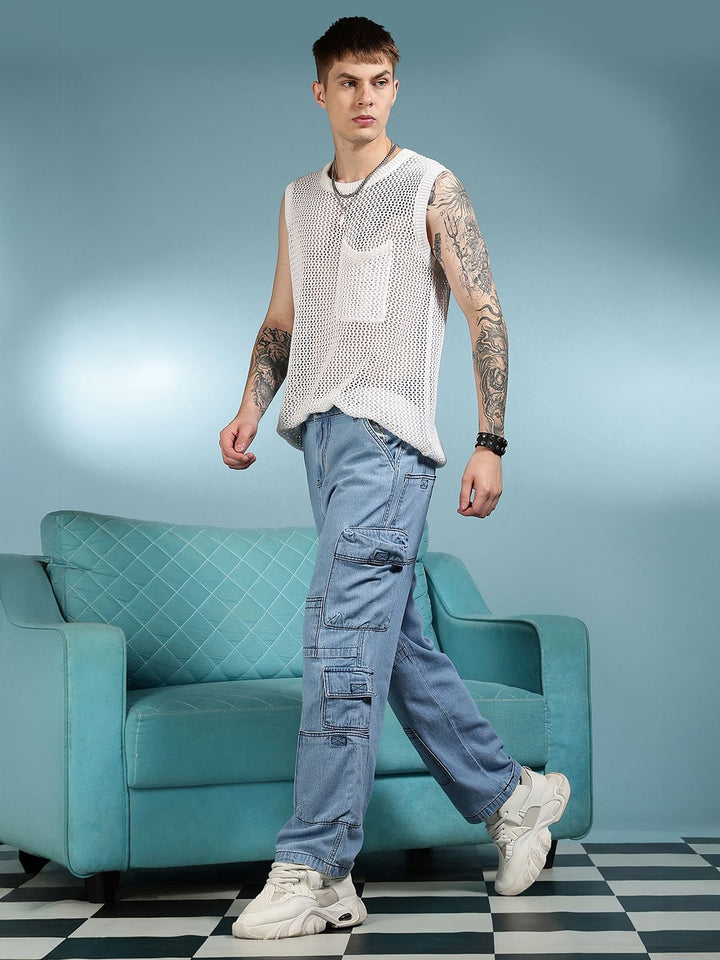 Eszett Men Blue Santai Slim Fit High-Rise Seluar Denim Cargos Mudah Dicuci