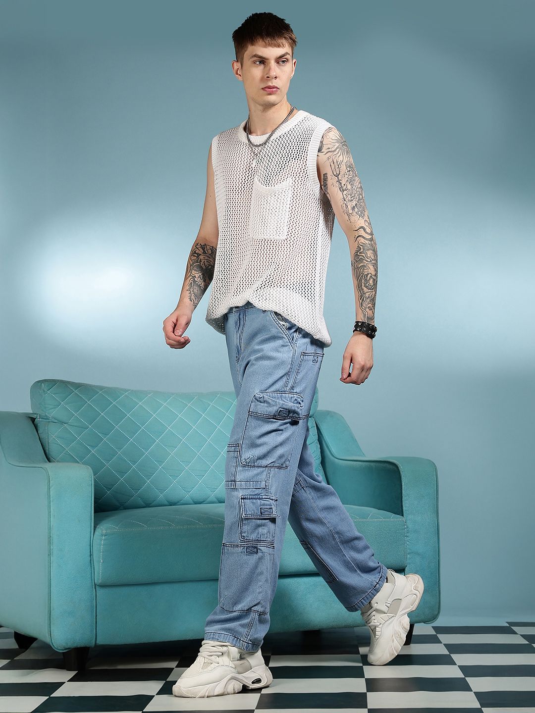 Eszett Men Blue Santai Slim Fit High-Rise Seluar Denim Cargos Mudah Dicuci