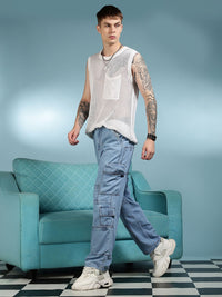Eszett Men Blue Santai Slim Fit High-Rise Seluar Denim Cargos Mudah Dicuci