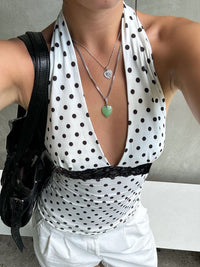 DressBerry Women Polka Dots Printed Lace Inserts Halter Neck Top