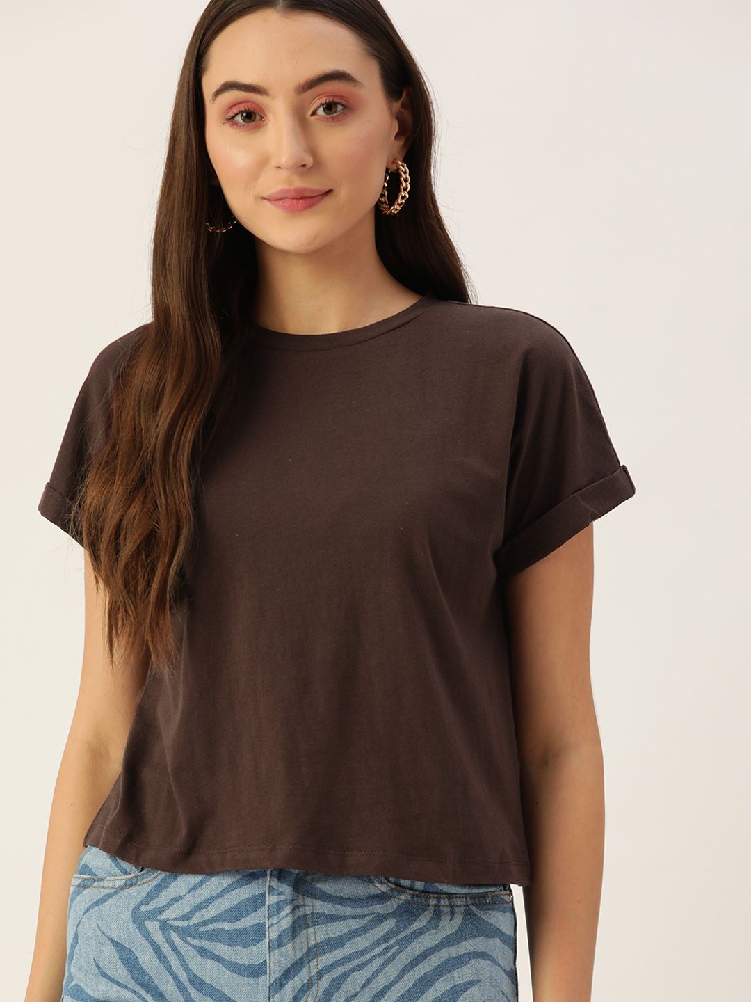 DressBerry Women Brown Extended Sleeves Pure Cotton T-shirt