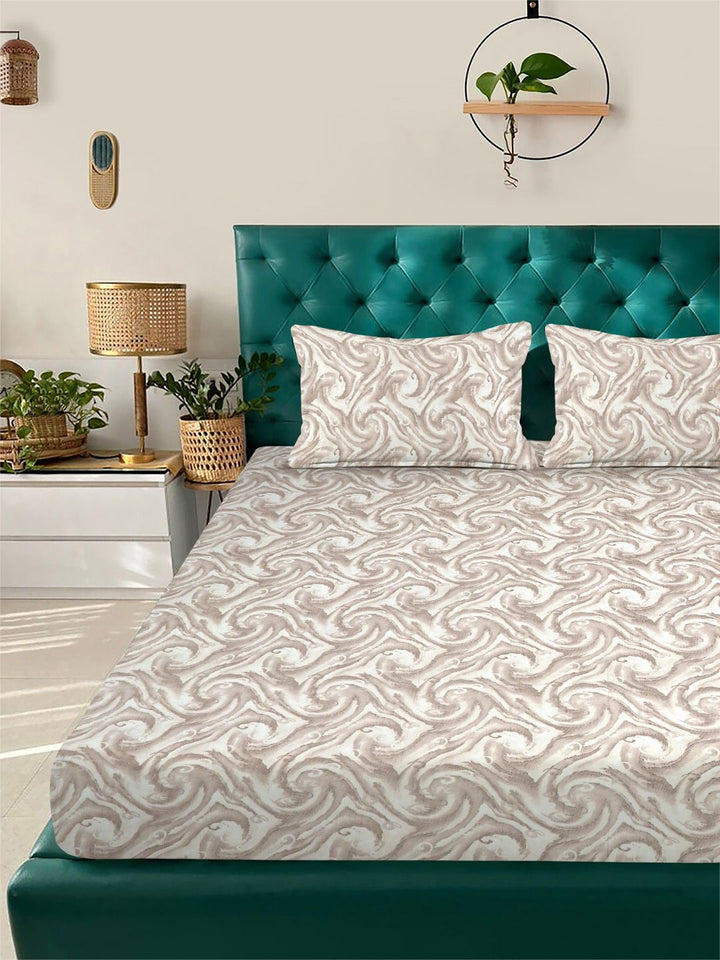 Myntra Elegant Homes Beige Abstrat Printed Fitted 400TC King Cadar & 2 Sarung Bantal