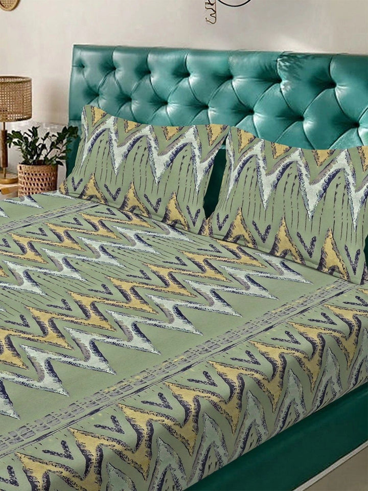 Myntra Elegant Homes Green Geometric 300 TC King Double Bedsheet with 2 Pillow Covers
