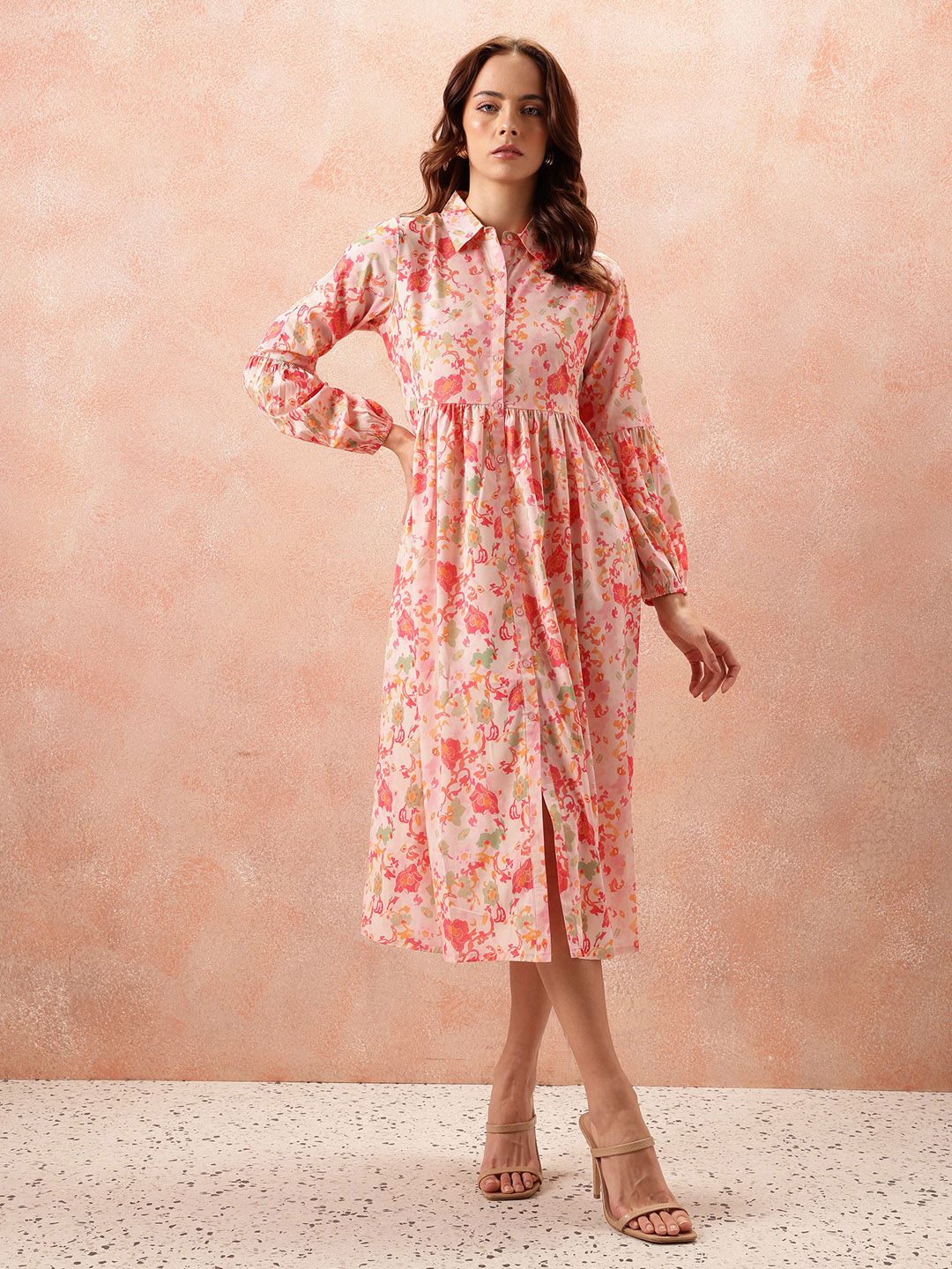 all about you Floral Print Puff Sleeve Shirt Midi Dress
