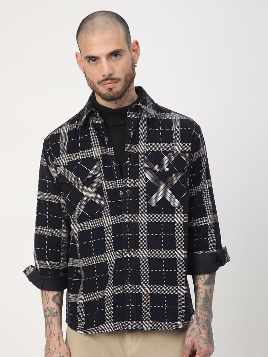 VASTRADO Men Elan Navy Dot Checks Double Flap Pocket Cotton Corduroy Overshirt