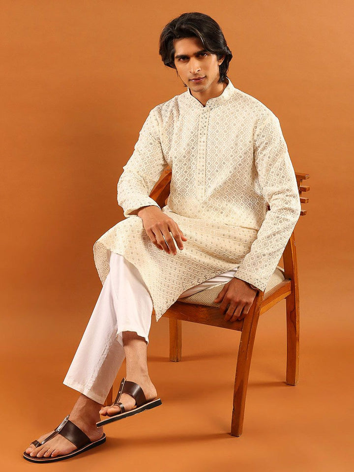 House of Chikankari Men Cream Cotton Sulam Kurta