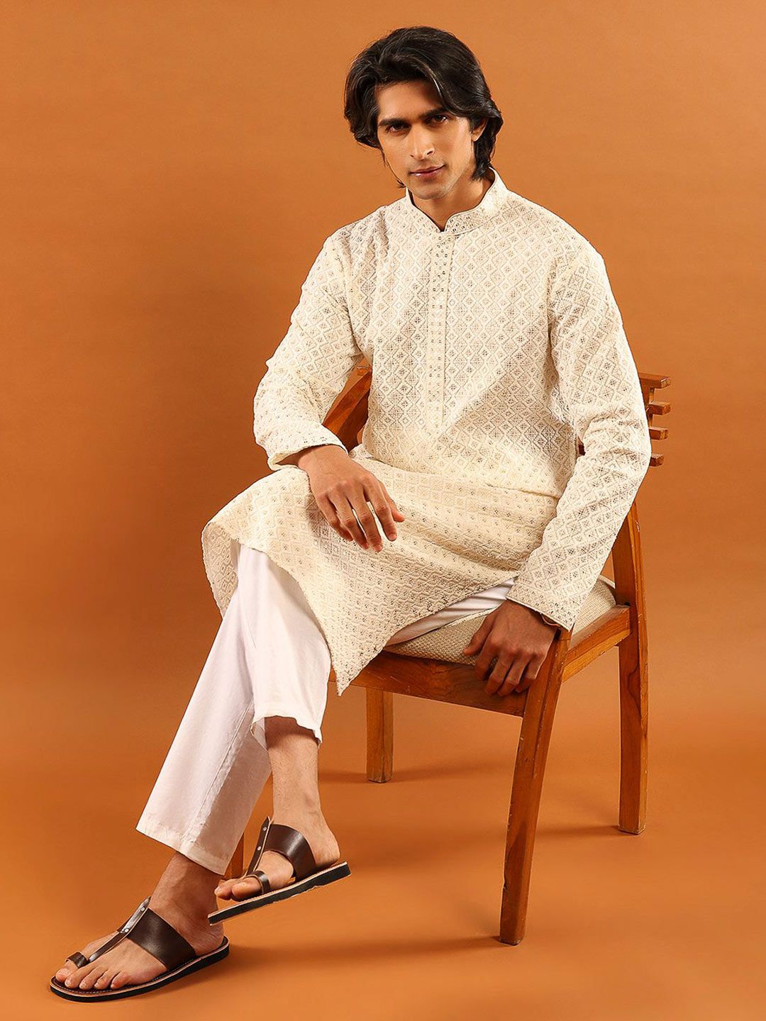 House of Chikankari Men Cream Cotton Sulam Kurta