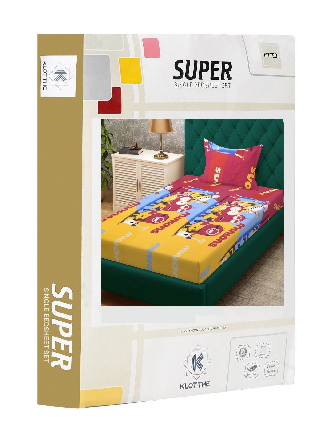 KLOTTHE Kids Yellow Printed Pure Cotton 400TC Fitted Set Cadar Bujang 2.25 m x 1.5 m