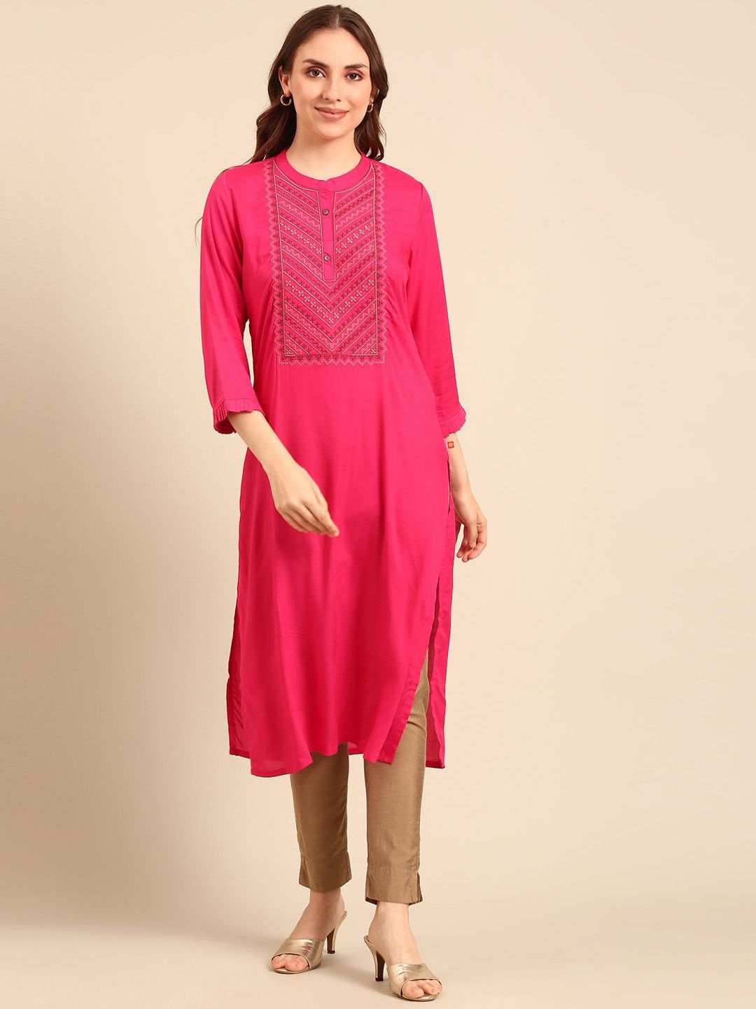Anouk Fuchsia Floral Embroidered Pure Cotton Straight Kurta
