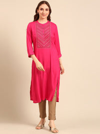 Anouk Fuchsia Floral Embroidered Pure Cotton Straight Kurta