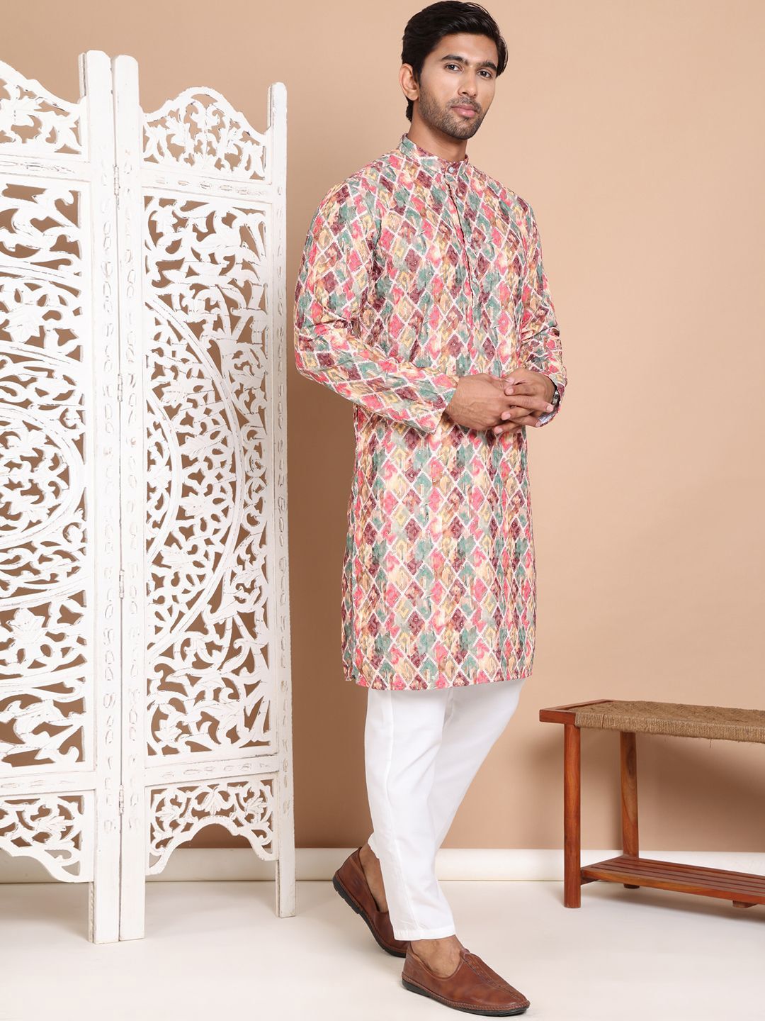 Jompers Men Printed Regular Chikankari Pure Cotton Kurta with Pyjamas