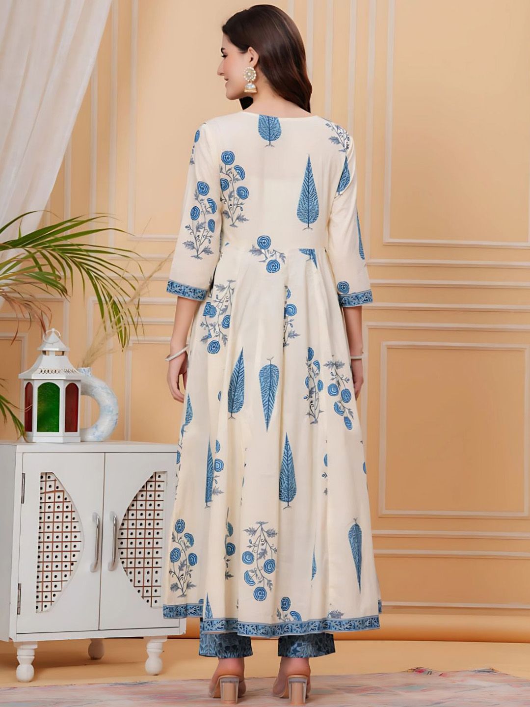 KALINI Floral Printed Panelled Anarkali Pure Cotton Kurta With Trousers & Dupatta