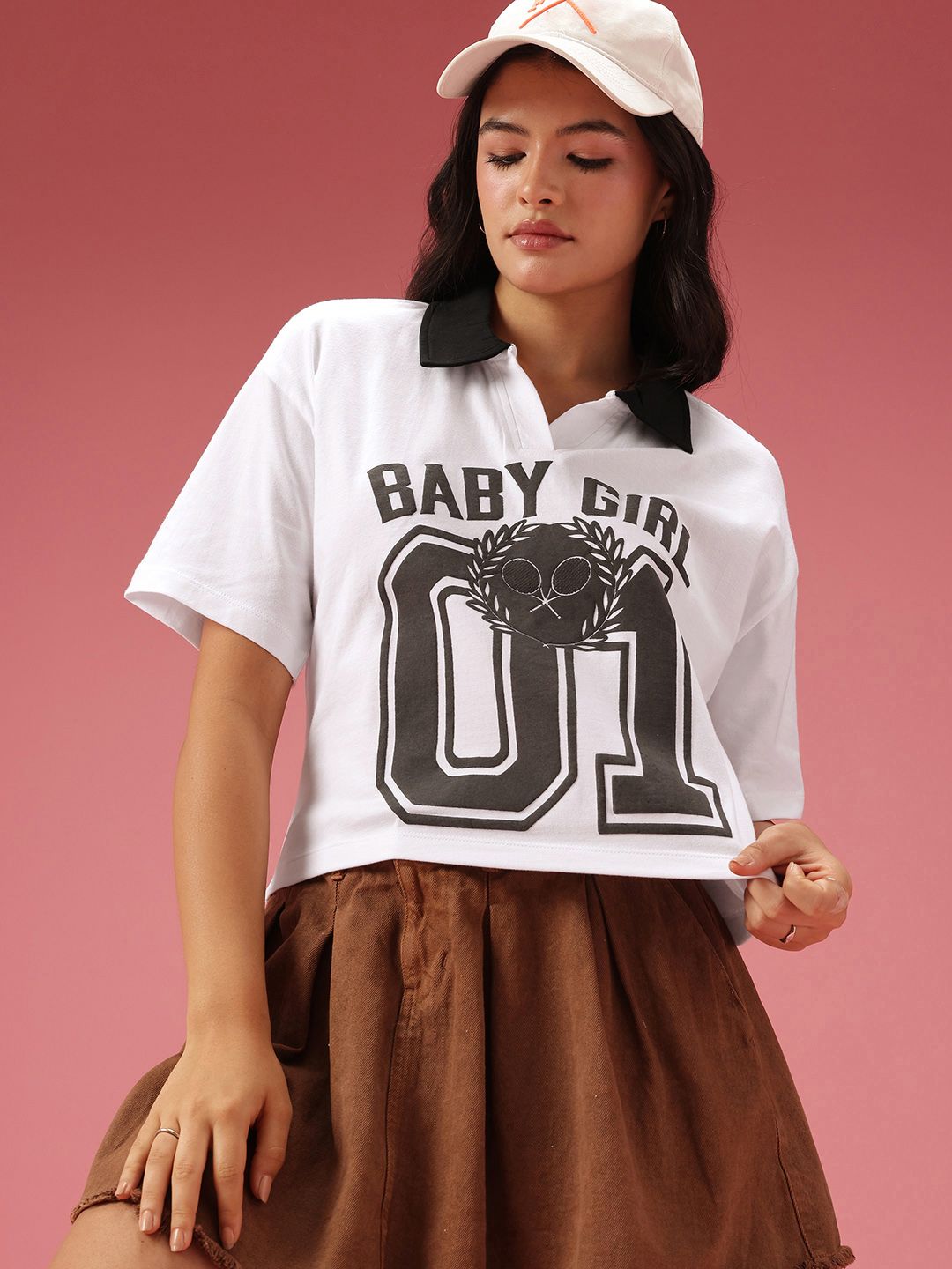 DressBerry Pure Cotton Varsity Printed Polo Collar Boxy T-shirt