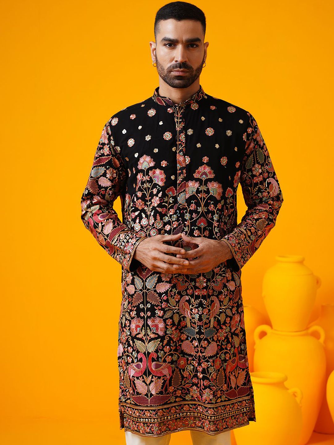 SOJANYA LUXE Sulam Bunga Labuci Mandarin Kolar Lurus Georgette Kurta