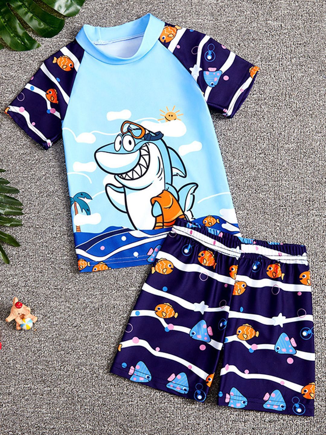 YK Girls Abstract Printed Short Sleeves Swim Set