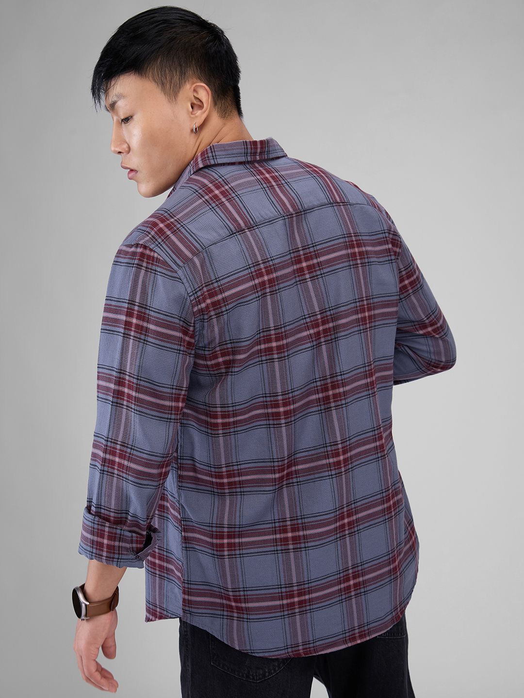 VASTRADO Men Classic Spread Collar Tartan Checked Cotton Slim Fit Casual Shirt