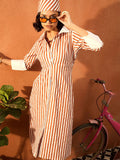 Pink Paprika by SASSAFRAS Women Striped Shirt Collar Cotton A-Line Midi Dress