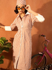 Pink Paprika by SASSAFRAS Women Striped Shirt Collar Cotton A-Line Midi Dress