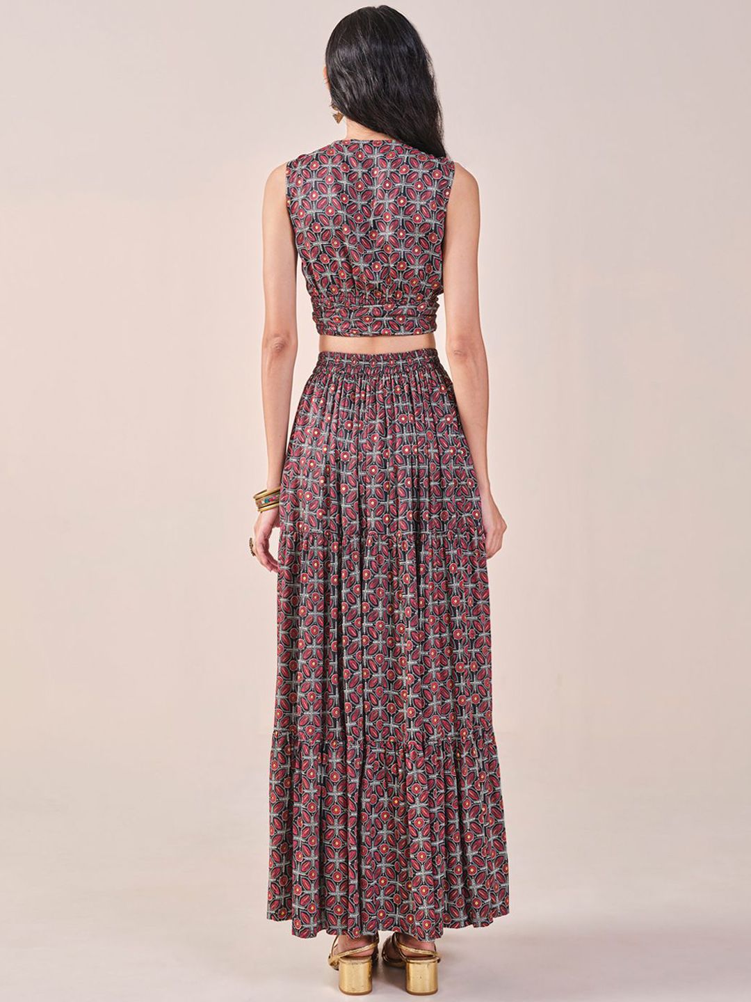 Global Desi Geometric Printed Sleeveless Top With Skirt