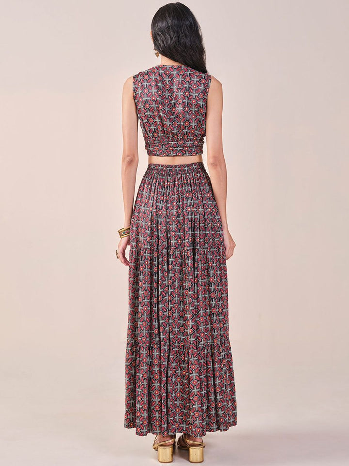 Global Desi Geometric Printed Sleeveless Top With Skirt
