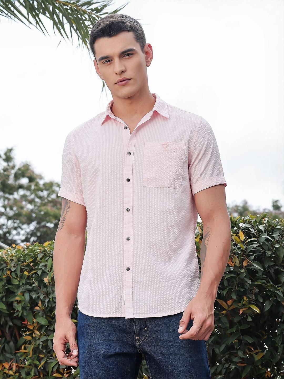 Thomas Scott Men Classic Slim Fit Seersucker Casual Shirt