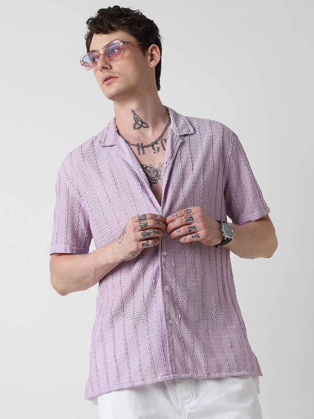 VASTRADO Men Classic Cuban Collar Vertical Striped Casual Shirt