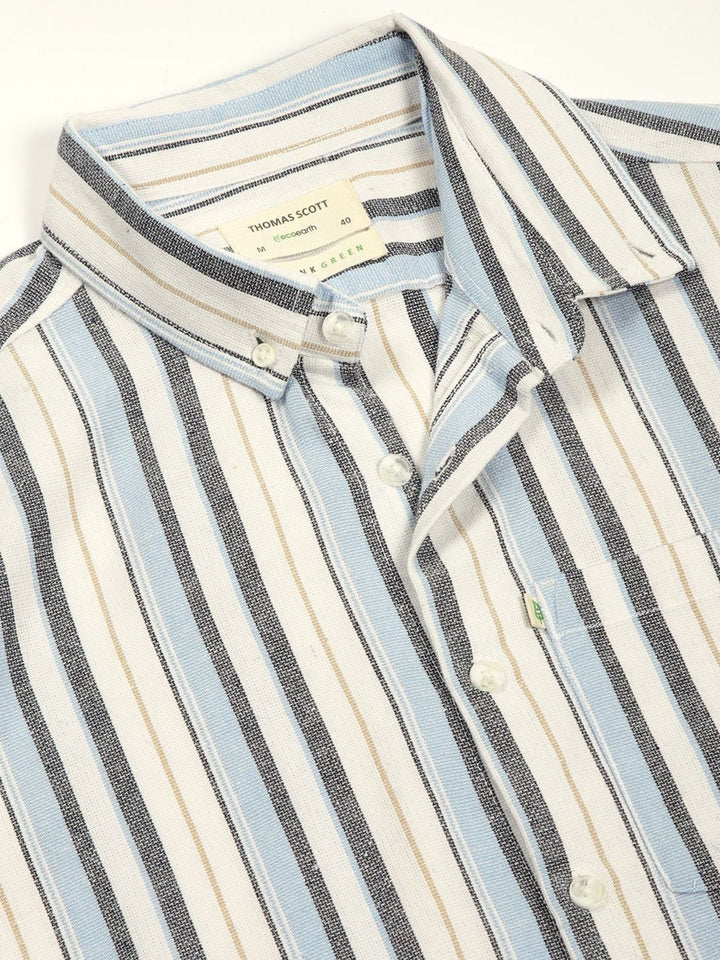 Thomas Scott Men Premium Button-Down Collar Vertical Striped Cotton Slim Fit Casual Shirt