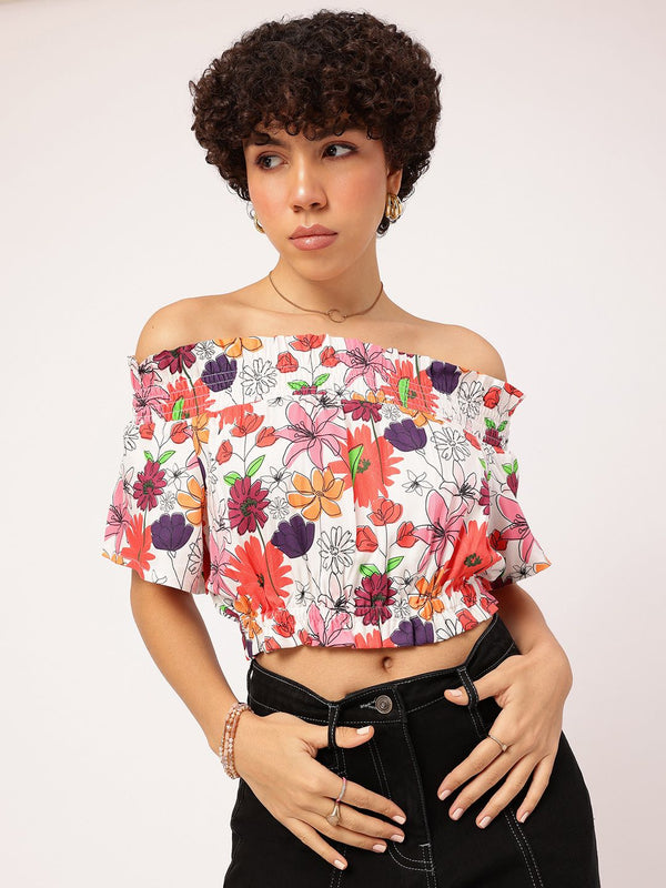 DressBerry Dainty Daisies Smocked Bardot Crop Top