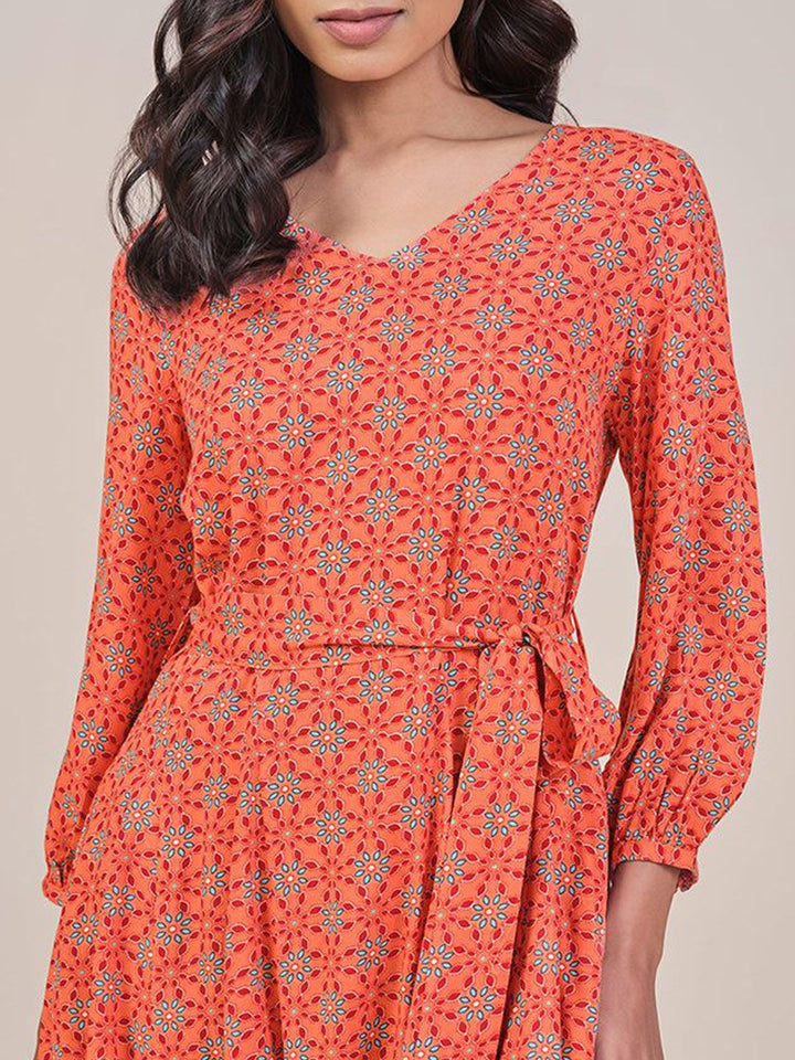 Global Desi  Women Orange Printed A-Line Long Puff Sleeves V Neck Ethnic Dresses