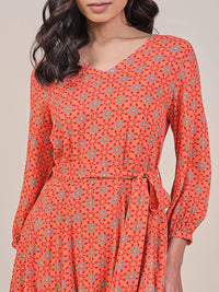 Global Desi  Women Orange Printed A-Line Long Puff Sleeves V Neck Ethnic Dresses