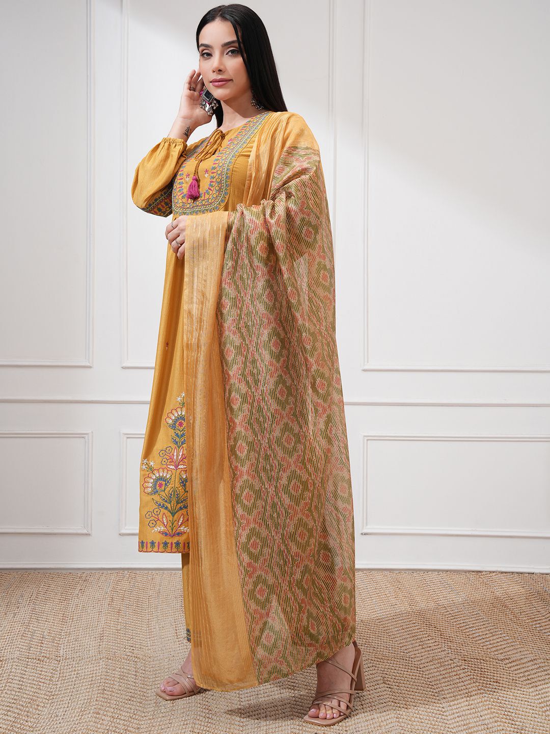 Vishudh Floral Embroidered Tie-Up Neck Thread Work A-line Kurta With Trouser And Dupatta