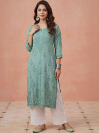 House of Chikankari Solid Green Embroidered Modal Pockets Kurta