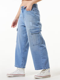 Bewakoof Women Straight Fit High-Rise Low Distressed Light Fade Cotton Cargo Jeans