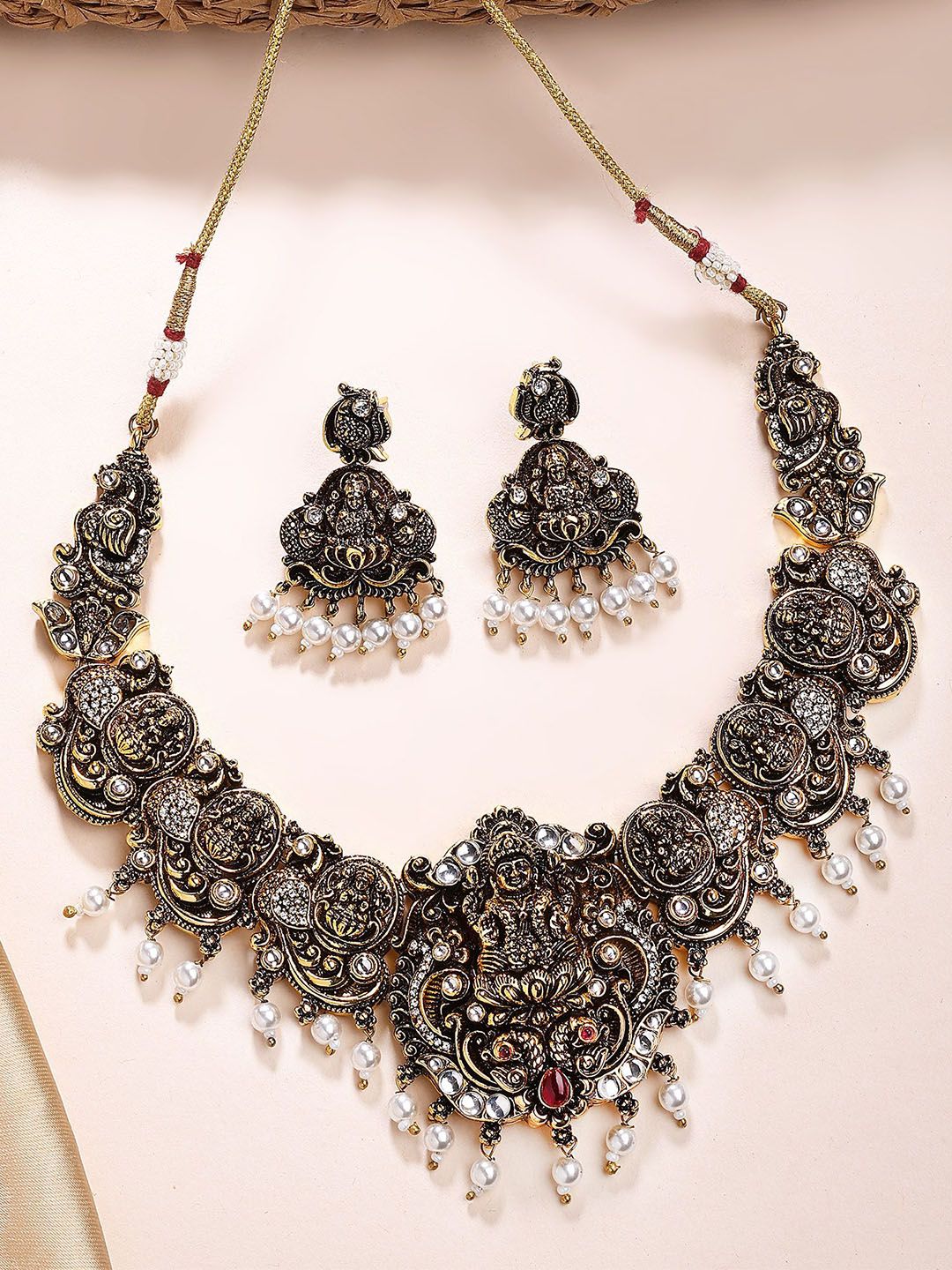 KARATCART Gold-Plated Artificial Stone-Studded & Beaded Laxmi Mata Temple Jewellery Set