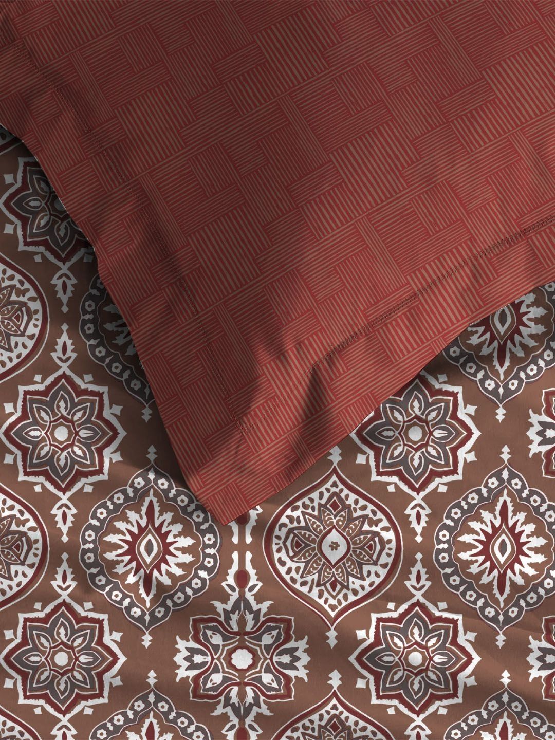 MYTRIDENT Ajrakh Red Comfort Living Flat 120TC Queen Cotton Bedsheet Set