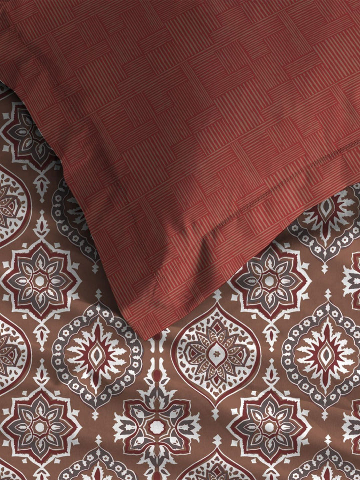 MYTRIDENT Ajrakh Red Comfort Living Flat 120TC Queen Cotton Bedsheet Set