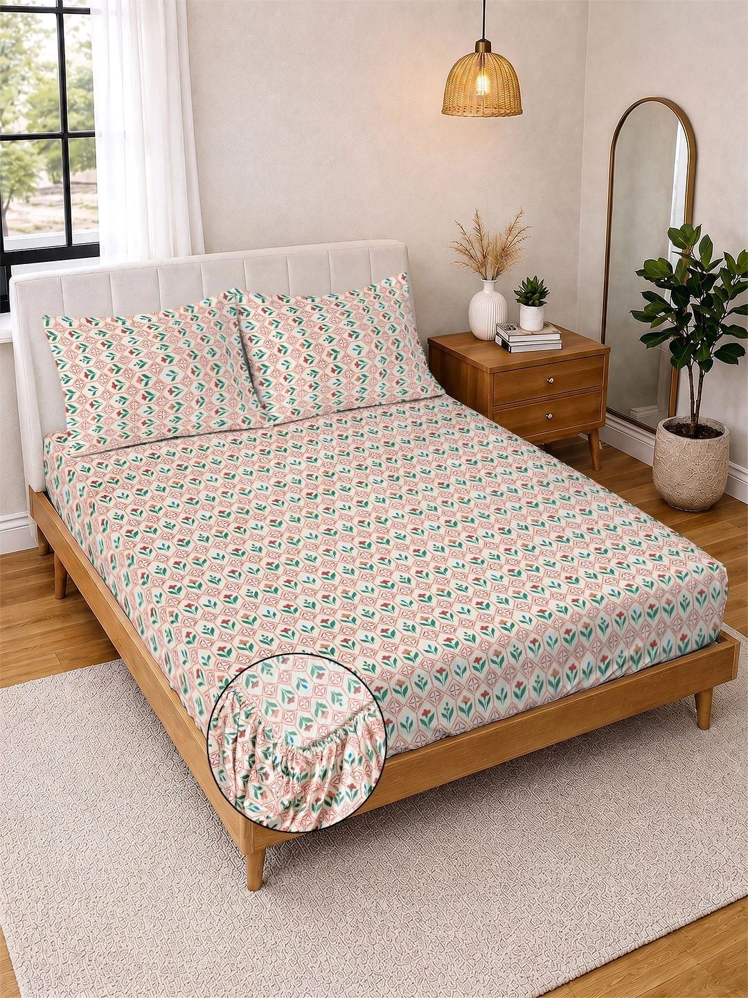 Pink Floral 300 TC King Bedsheet with 2 Pillow Covers