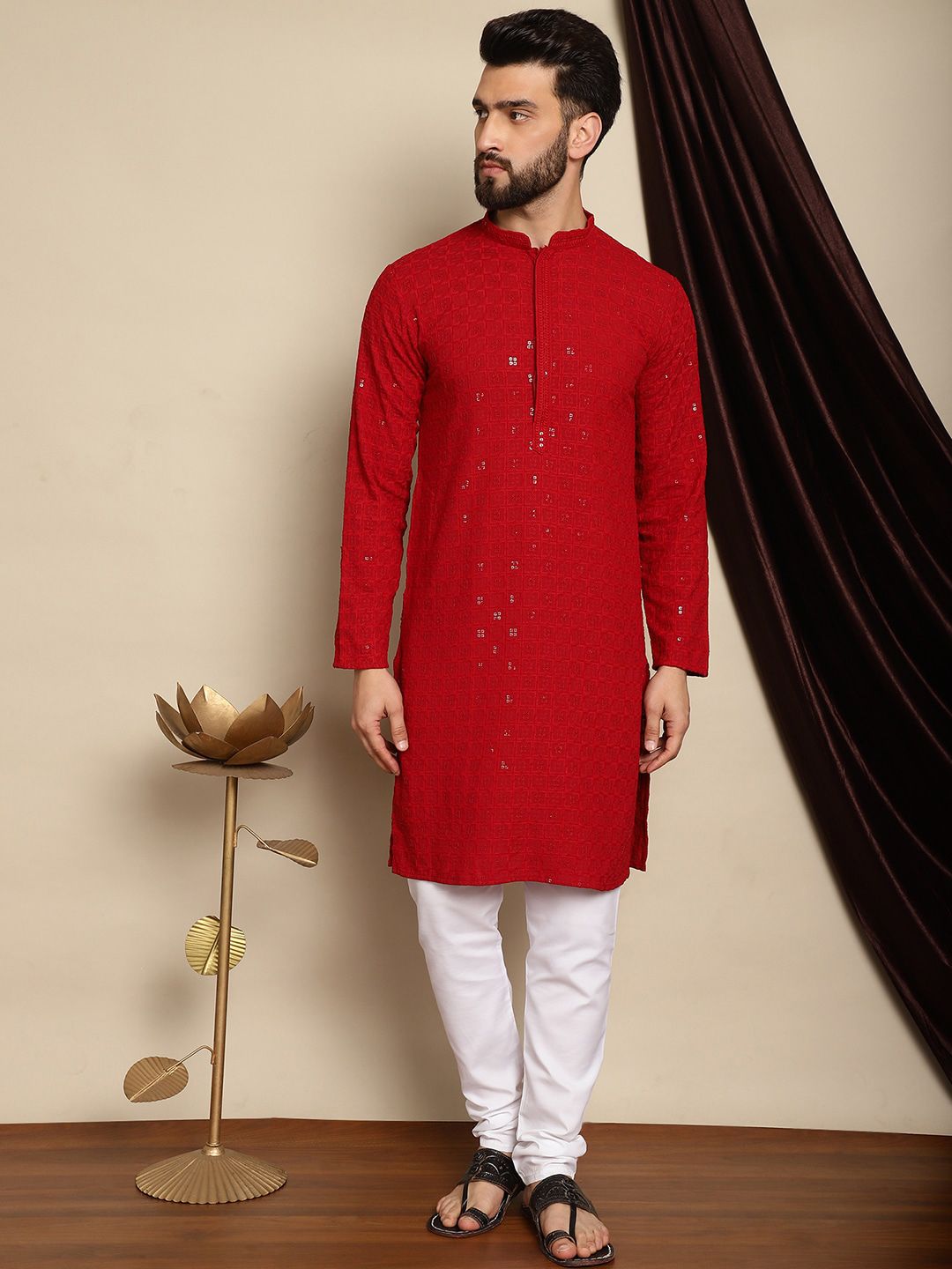 Anouk Geometric Embroidered Sequined Mandarin Collar Pure Cotton Kurta With Churidar