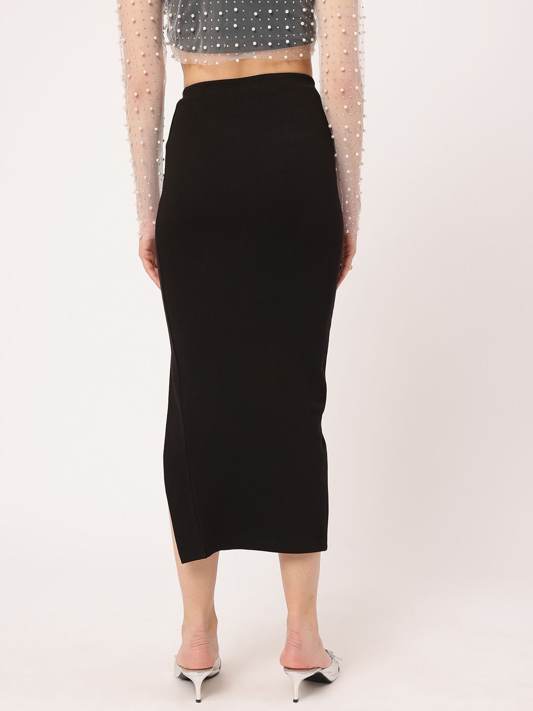 DressBerry Minimalist Marvel Ribbed Midi Skirt with Slit