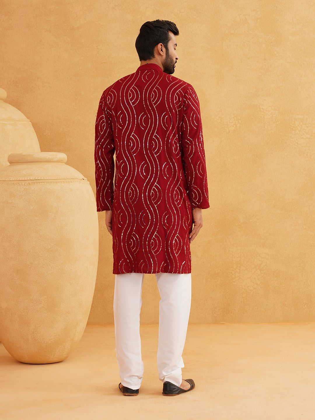 SOJANYA Leheriya Sequinned Band Collar Pure Cotton Straight Kurta With Churidar